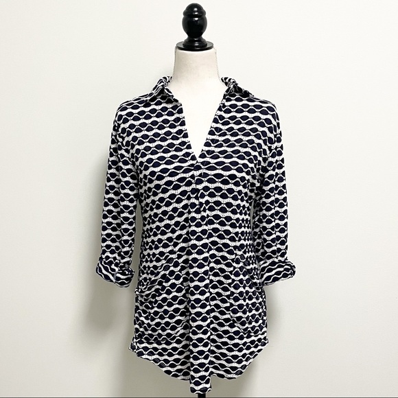 Forcynthia Beachwear Navy White V Neck Convertible Sleeves Pockets Coverup Small